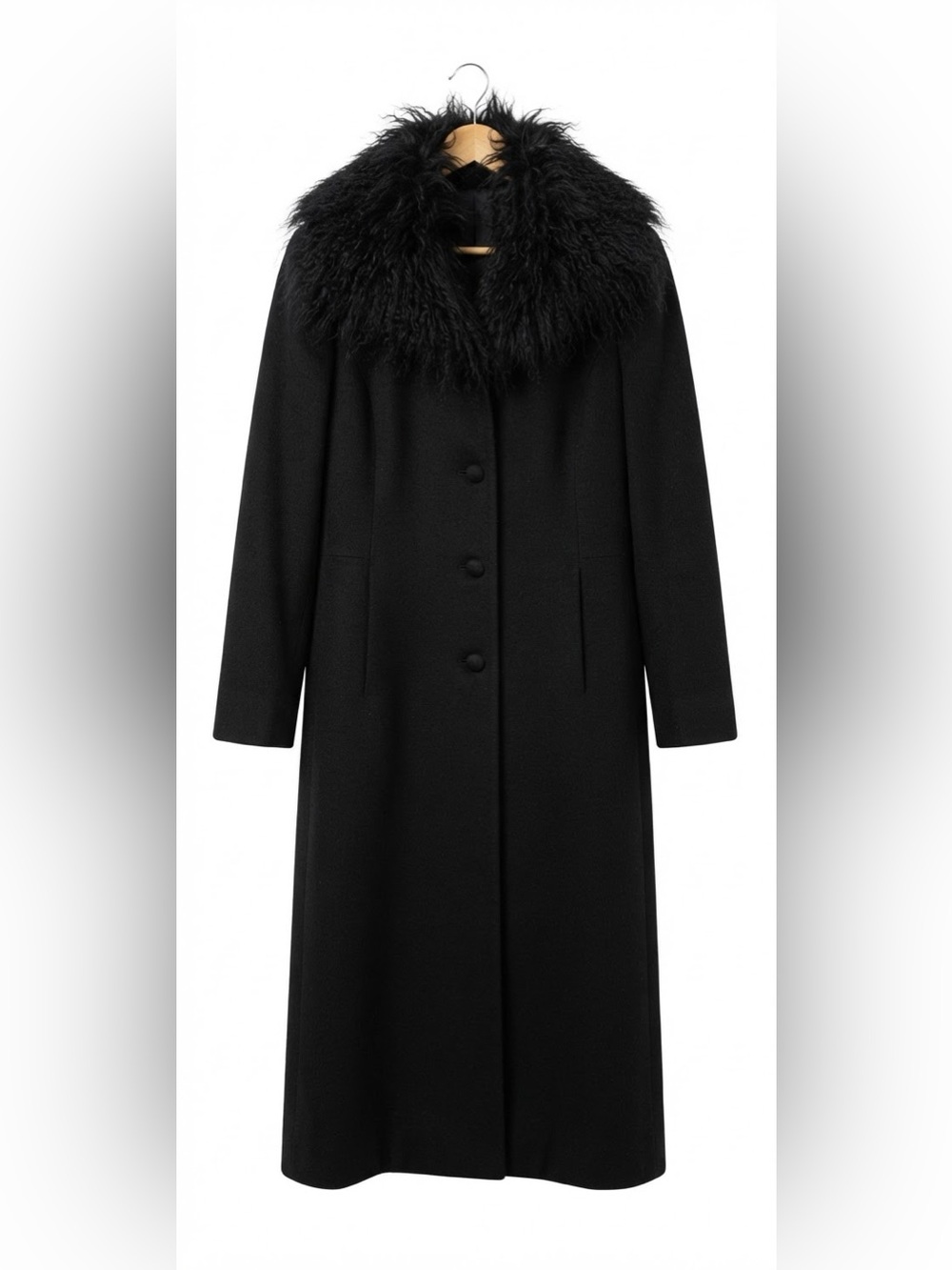 Ellabee Vintage Black Wool Long Coat Genuine Mongolian Lamb Fur Collar Size 11